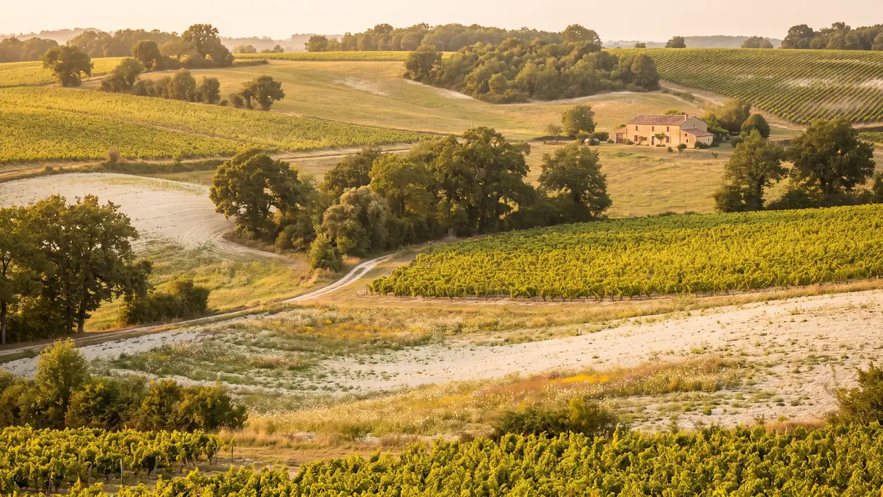 Campagne vallonnée de Saintonge, vignes et champs de terre claire, bosquets et ferme de pierre