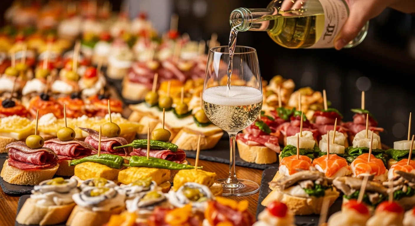 Basque pintxos on the counter of a bar in the Parte Vieja neighborhood of Donostia, served with a glass of txakoli poured from a height