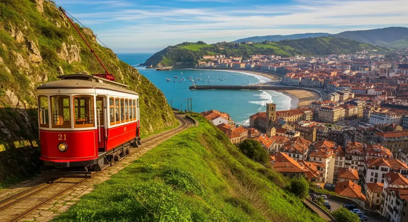 Historic wooden funicular from 1912 climbing to the summit of Mount Igueldo at San Sebastián