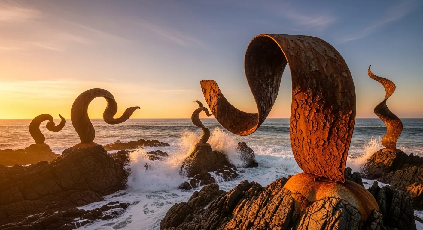 Eduardo Chillida's "Peine del Viento" sculptures in Ondarreta, steel integrated into the cliff facing the Atlantic Ocean