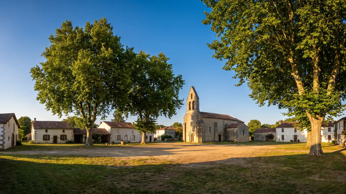 Une modeste église de pierre au clocher simple et des maisons landaises basses autour d'une place ombragée