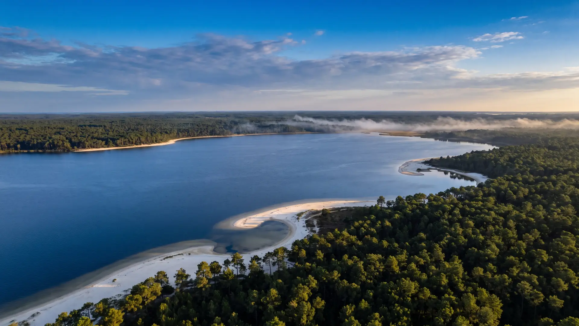 L'immense nappe bleue du lac de Cazaux-Sanguinet frangée de hauts-fonds sableux et d'une forêt de pins sans fin
