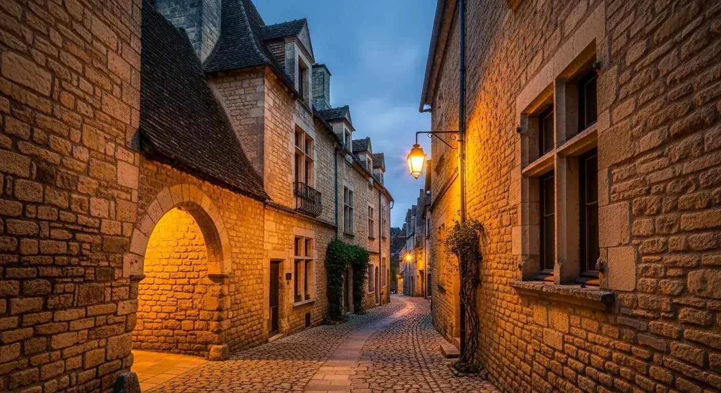 Ruelle médiévale pavée de Sarlat avec ses maisons Renaissance en pierre blonde du Périgord