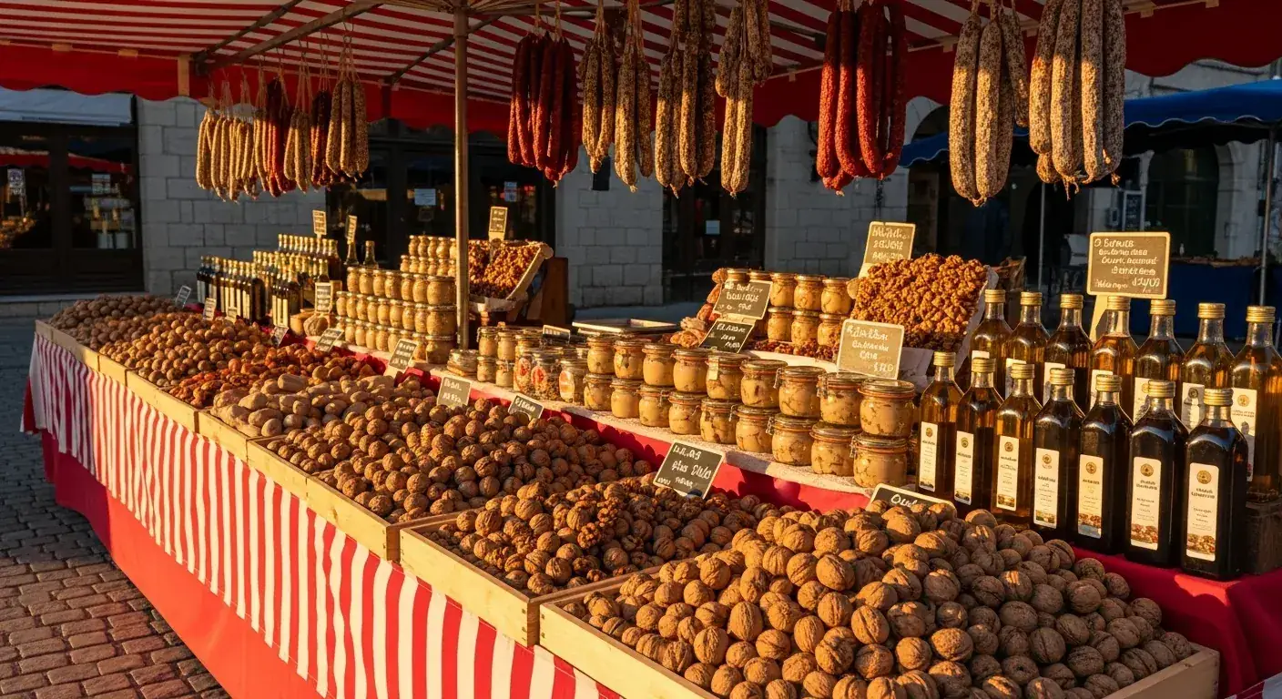 Marché traditionnel du Périgord Noir avec foie gras, noix AOP, truffes et vins de Bergerac