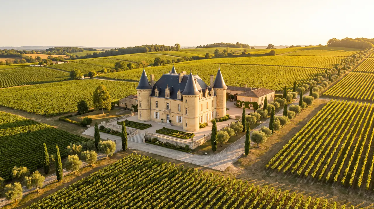 Grand château viticole en pierre claire aux toits d'ardoise entouré de vignes soignées près de Sauternes