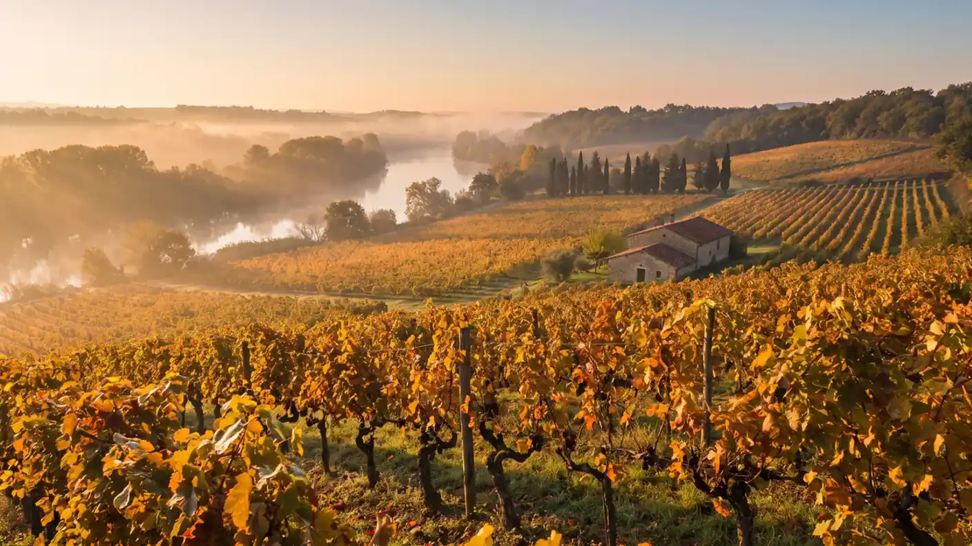 Vignes du Sauternais sous une brume matinale dorée près de Sauternes, feuilles d'automne ambrées, rosée et lumière basse