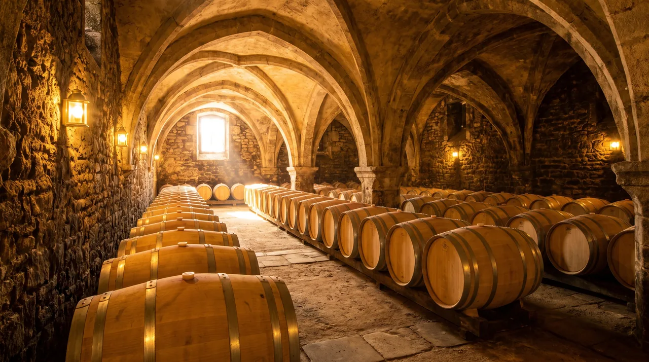 Rangées de barriques de chêne neuves alignées dans un chai voûté en pierre à Sauternes, lumière chaude tamisée