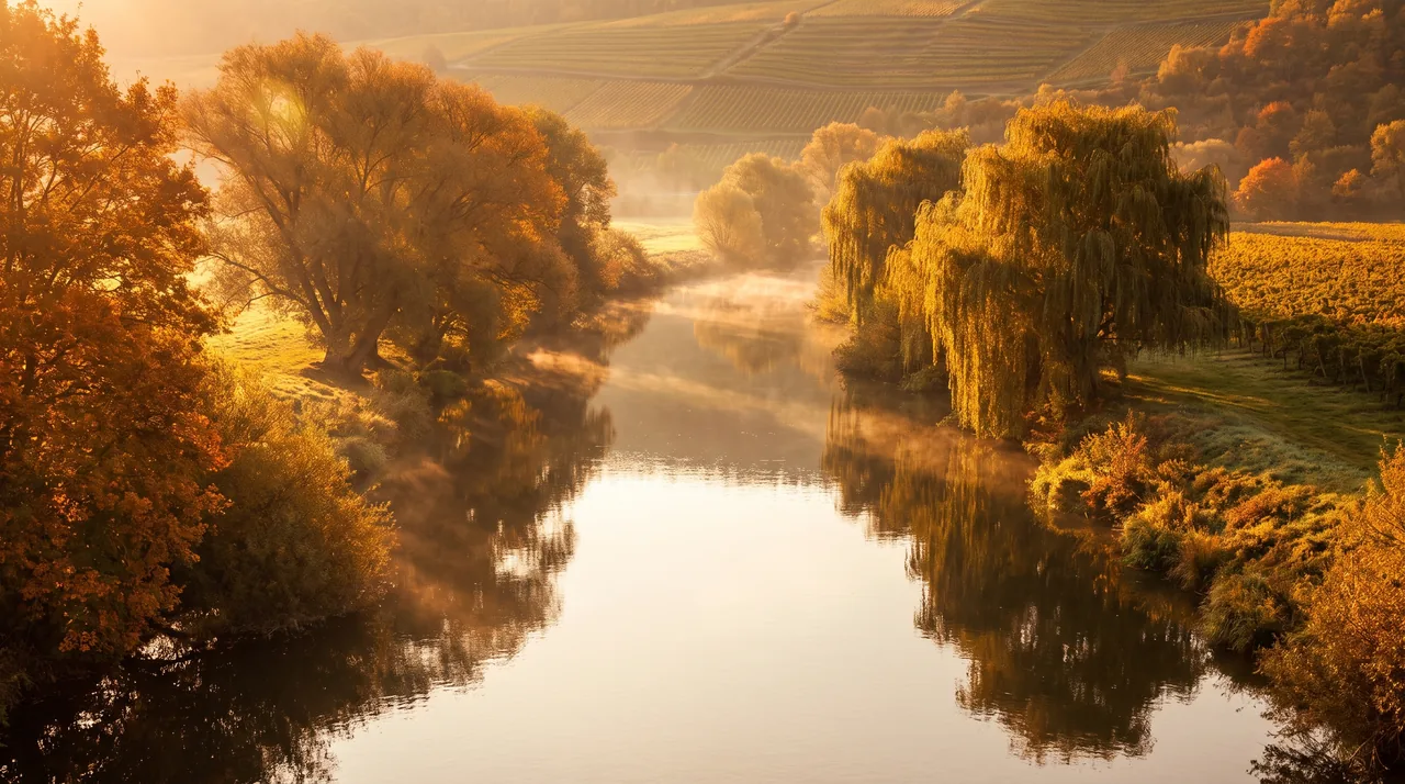 Petite rivière paisible serpentant entre des berges boisées près de Sauternes au soleil couchant, eau miroitante