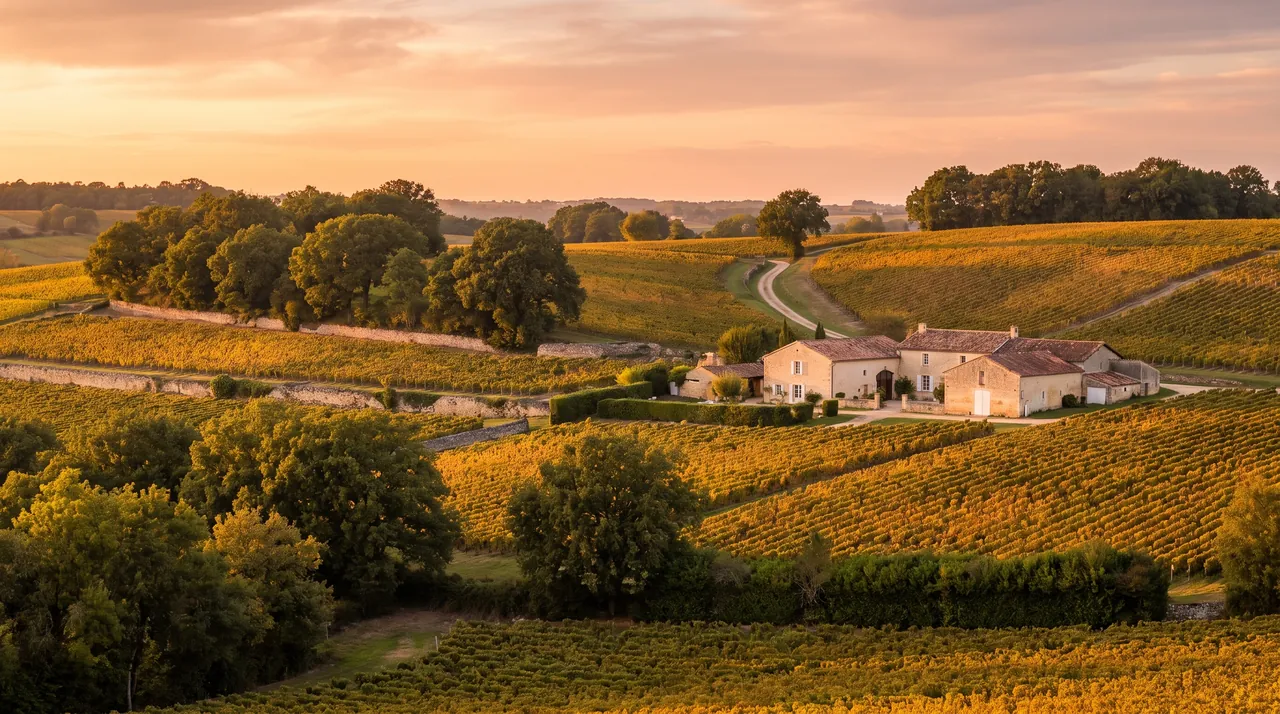 Coteaux de vignes du Sauternais au coucher du soleil près de Sauternes, rangs dorés étagés jusqu'à un horizon de bois