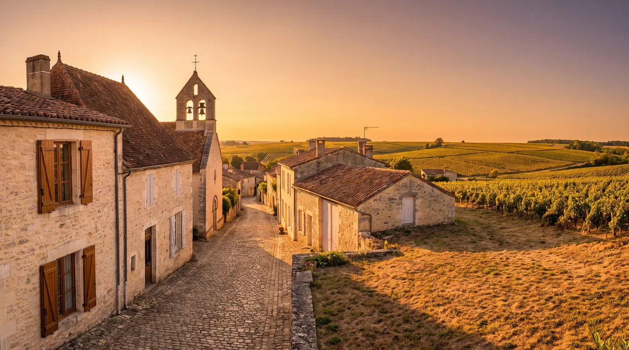 Ruelle tranquille du village de Sauternes, maisons de pierre claire à volets et toits de tuiles, clocher d'église au fond