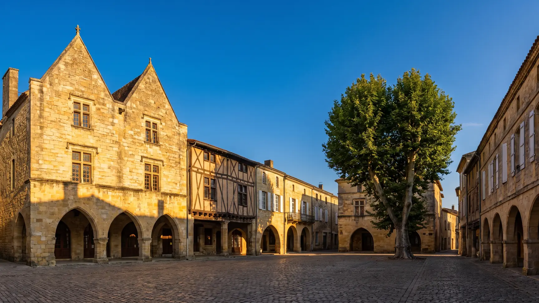 Une place médiévale bordée d'arcades de pierre et de maisons anciennes dans une bastide de l'Entre-deux-Mers