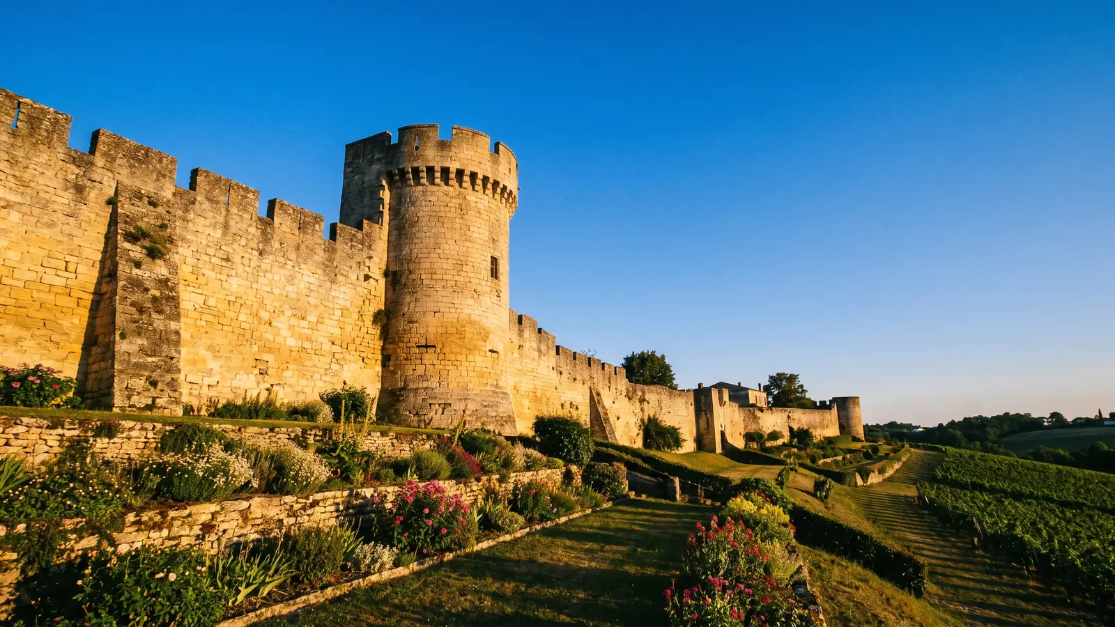 Une portion de remparts médiévaux et une tour ronde en pierre dorée d'une bastide, dominant des vignes en Gironde