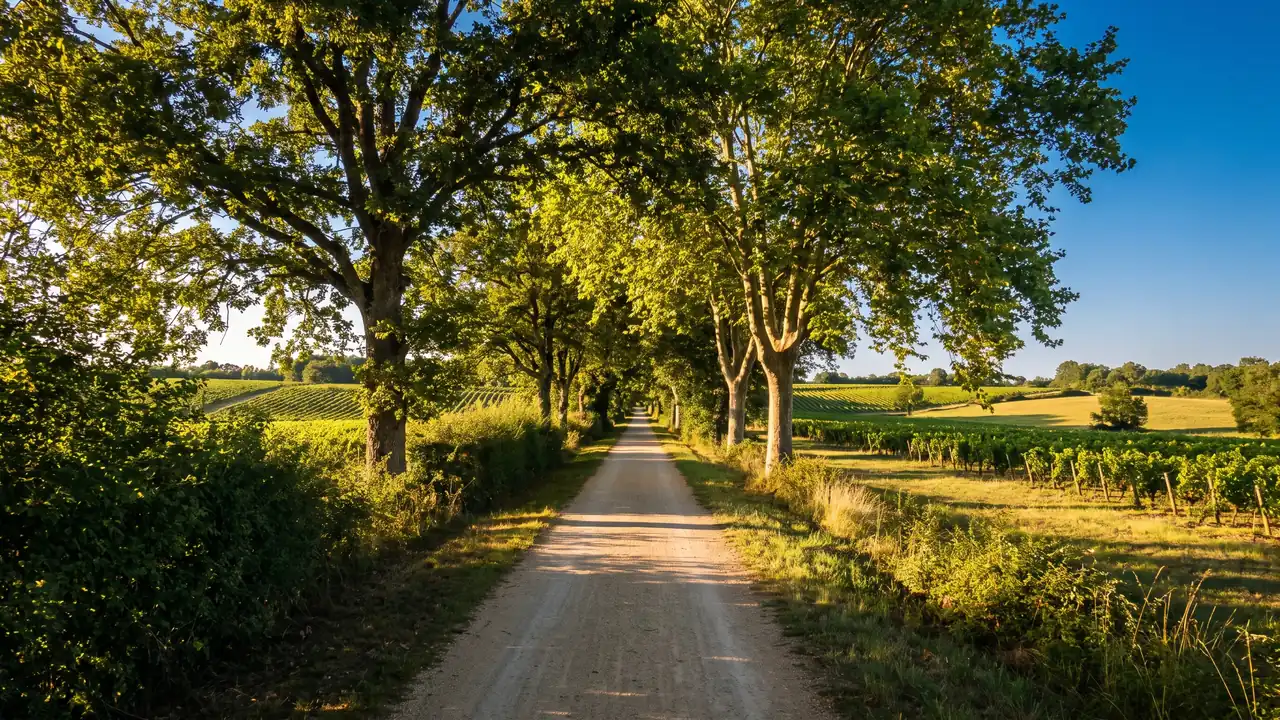 Une voie verte bordée d'arbres, ancienne voie ferrée réaménagée en piste cyclable, dans la campagne de l'Entre-deux-Mers