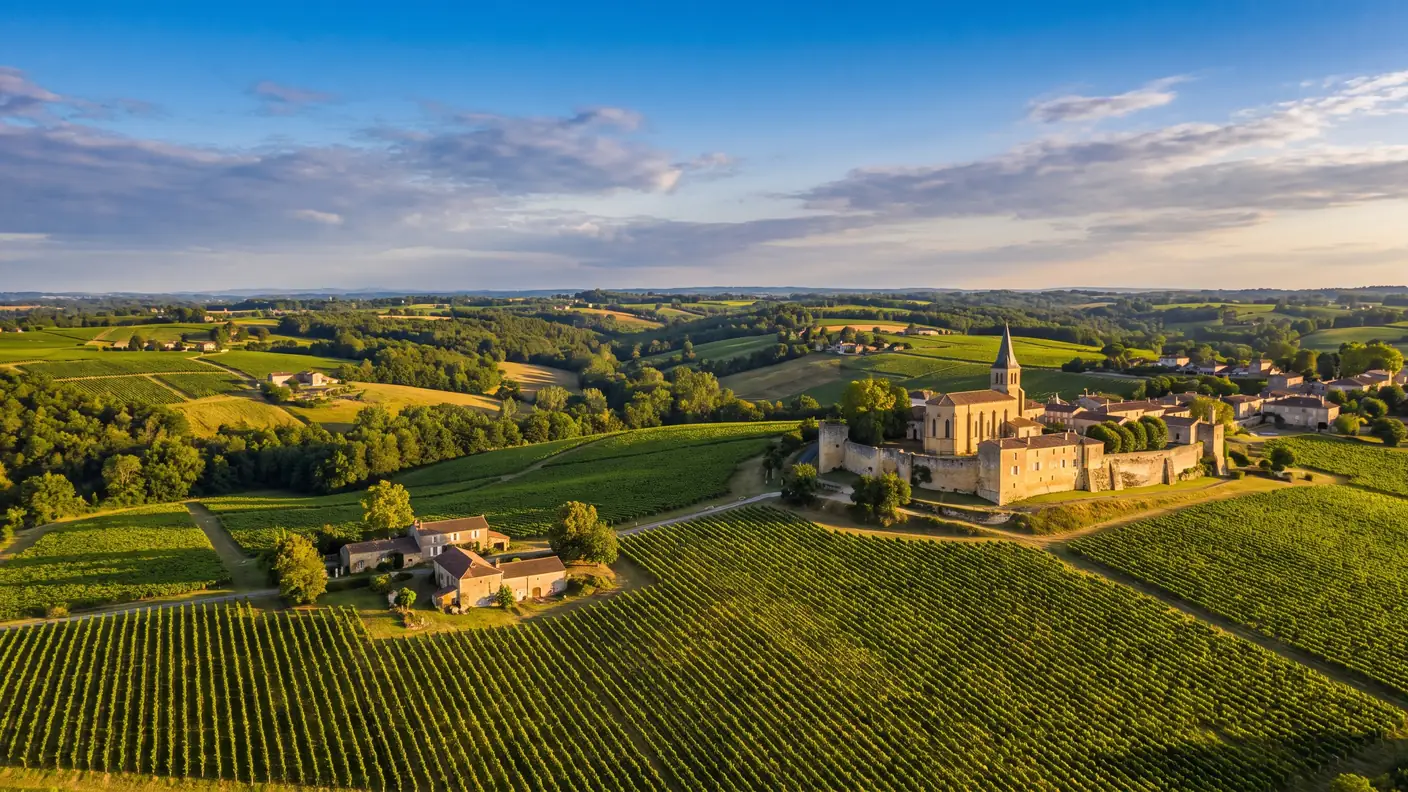 Un panorama des vignes vallonnées de l'Entre-deux-Mers autour d'une petite ville close, en Gironde