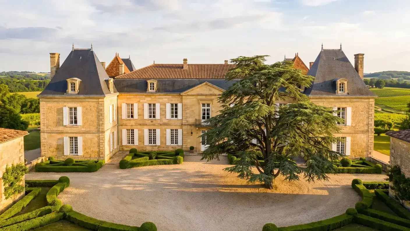Château du XVIIIᵉ siècle en pierre blonde, logis entre deux pavillons, évocation du château de Siorac
