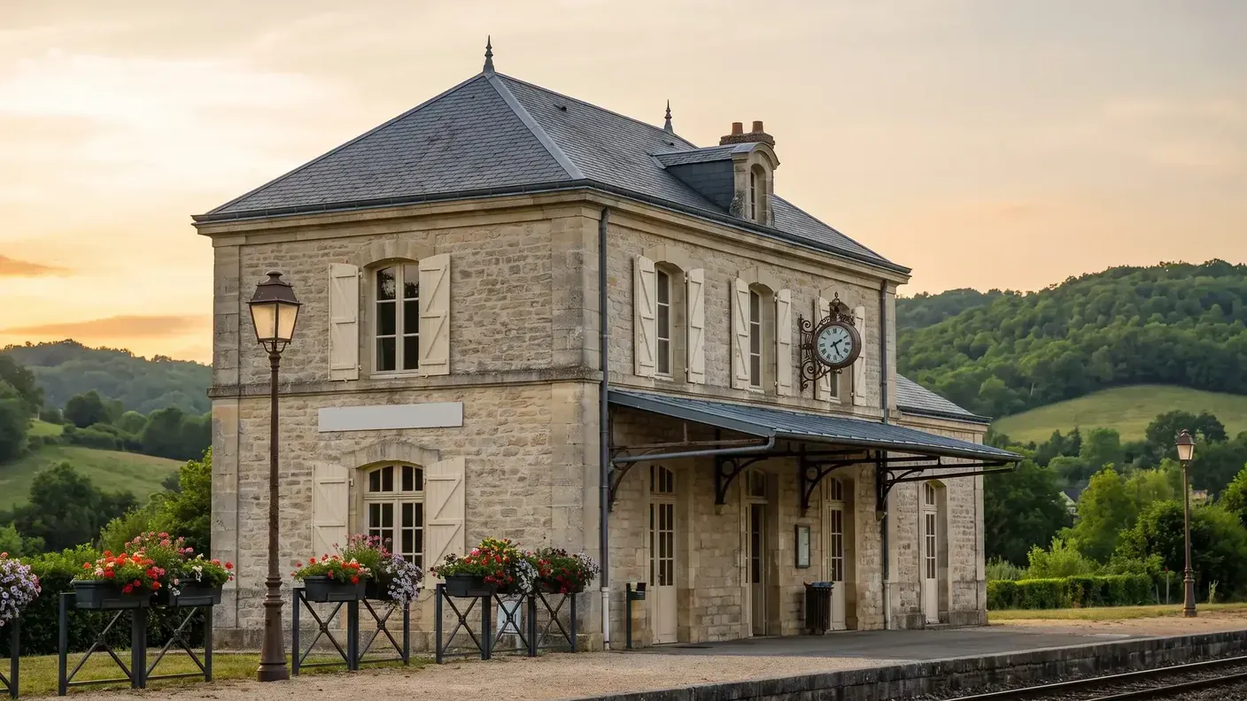 Petit bâtiment voyageurs de gare de village en pierre, toit d'ardoise et quai fleuri, évocation de la gare de Siorac