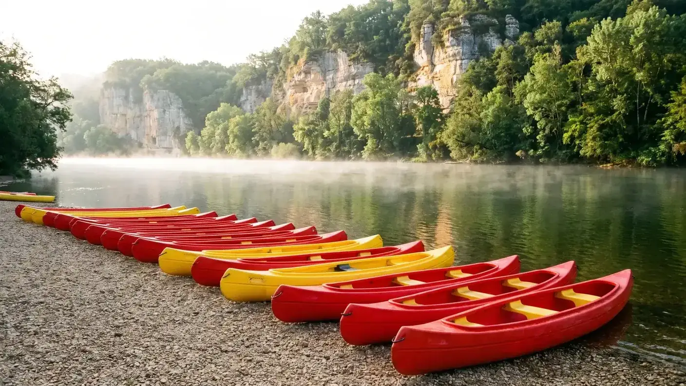 Canoës rouges et jaunes alignés sur une plage de galets au bord de la Dordogne dans la brume du matin
