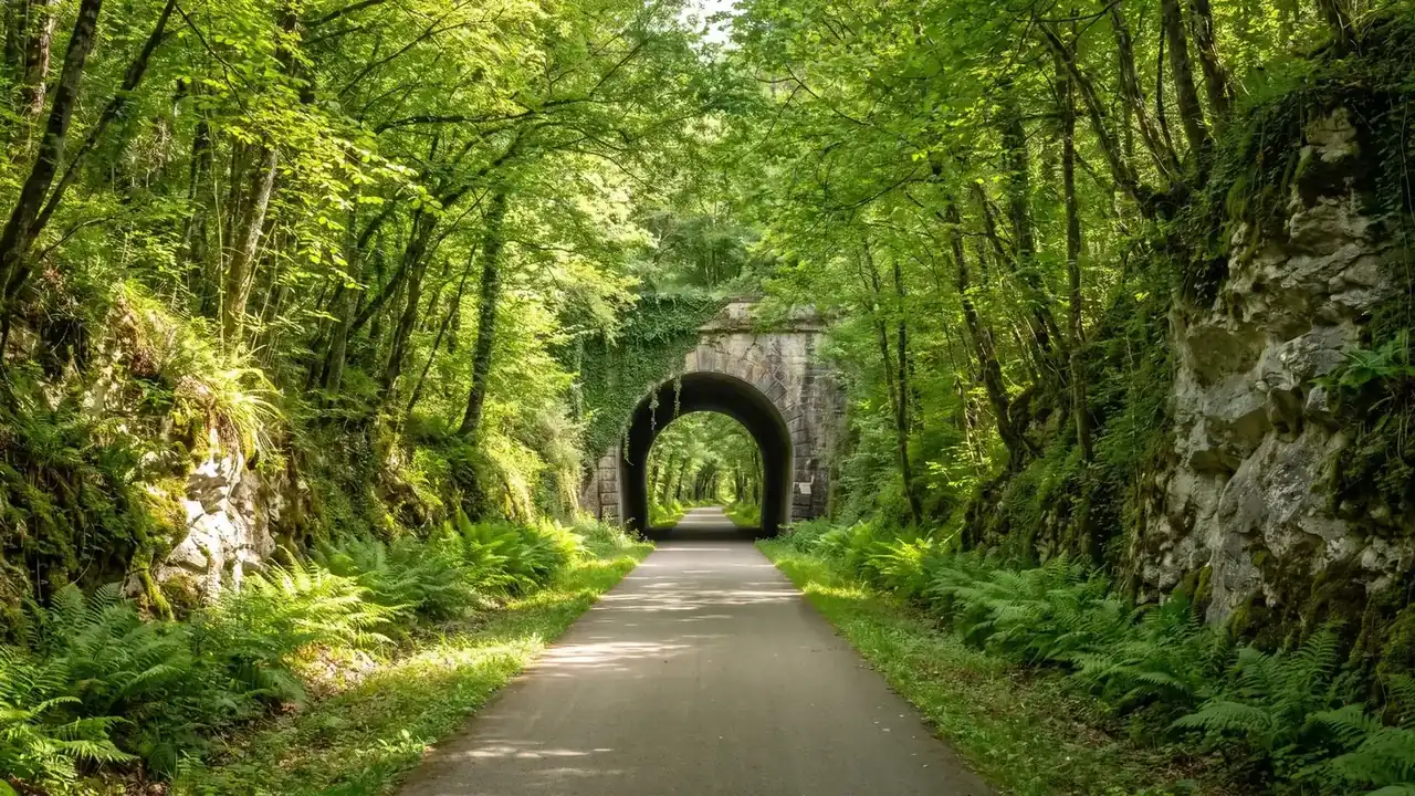 Voie verte ombragée sur une ancienne voie ferrée menant à un tunnel de pierre