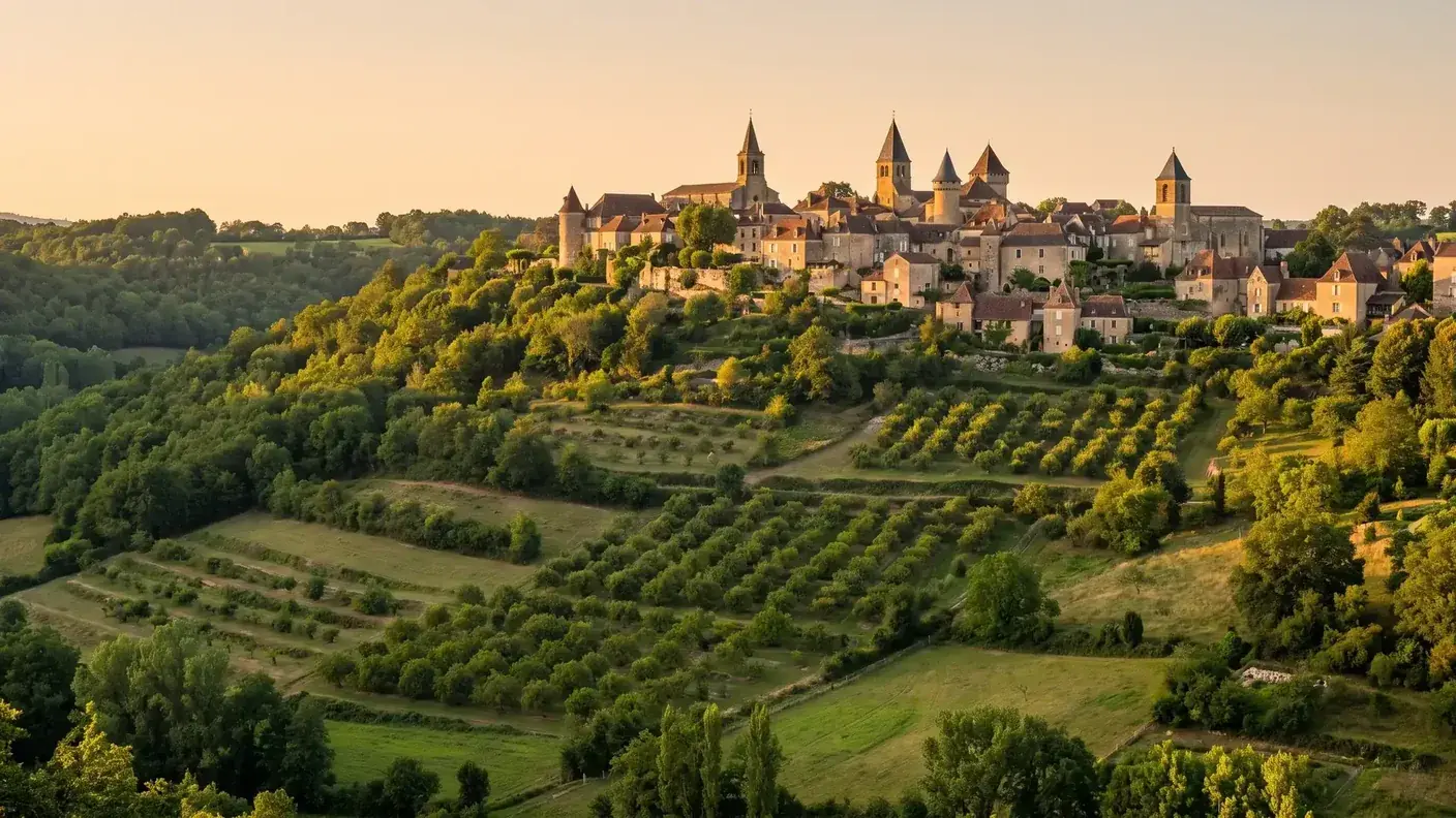 Village perché de Belvès et ses clochers au-dessus des vergers de noyers, lumière dorée