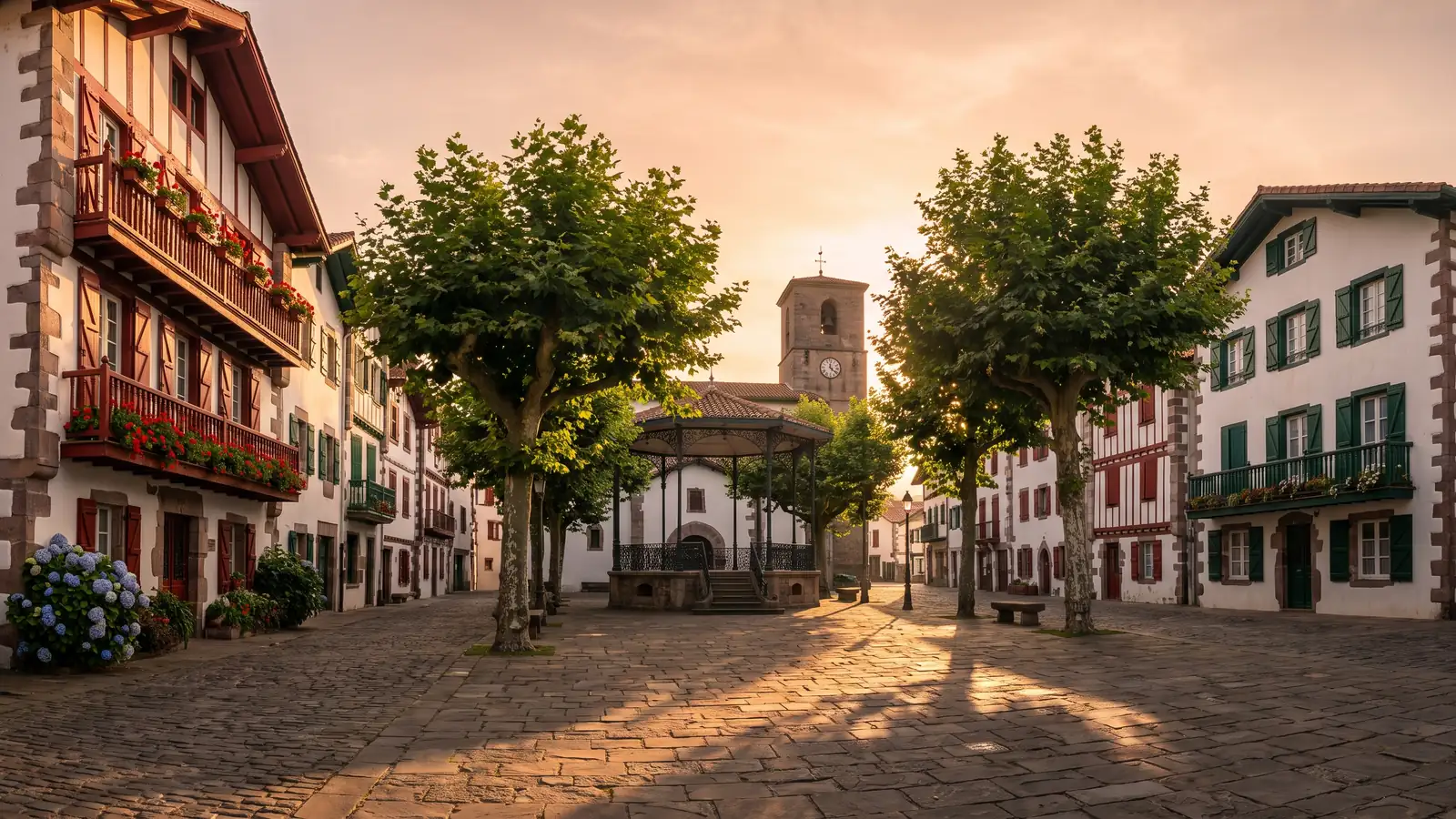 Place bordée de maisons basques dans le centre de Saint-Jean-de-Luz