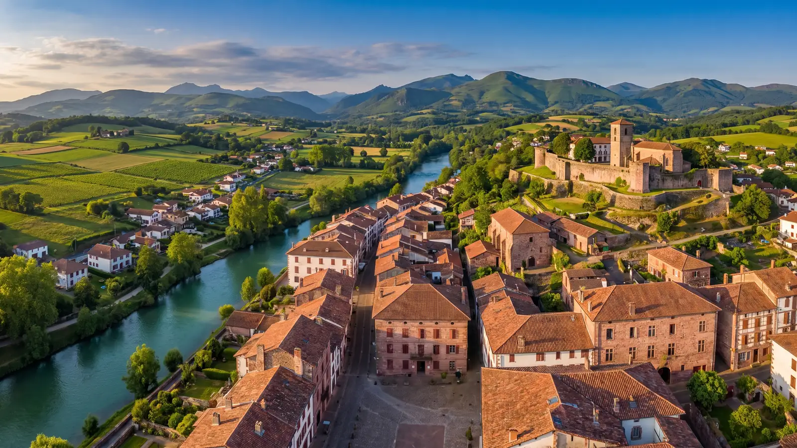Panorama sur Saint-Jean-Pied-de-Port, sa citadelle et les Pyrénées
