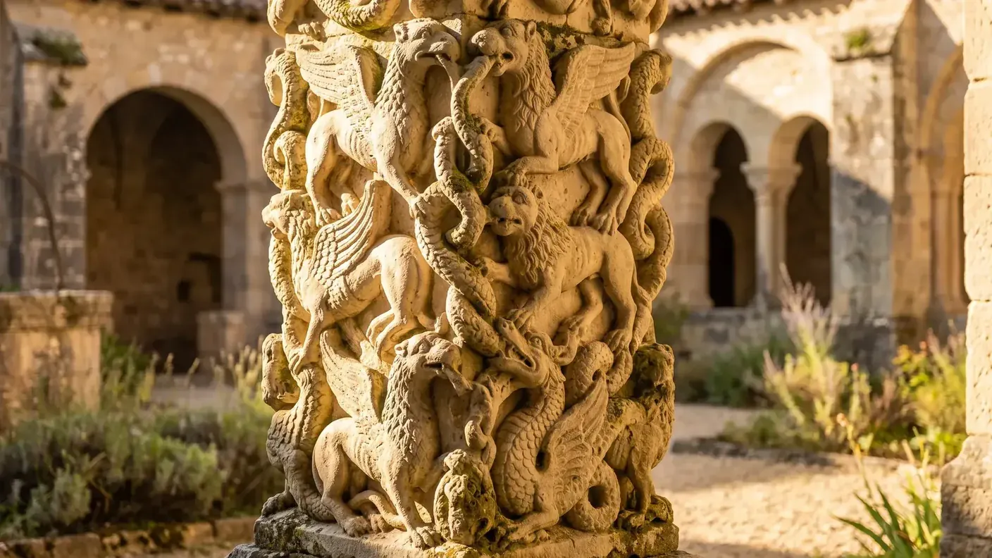 Pilier roman aux monstres sculptés dans l'abbatiale de Souillac