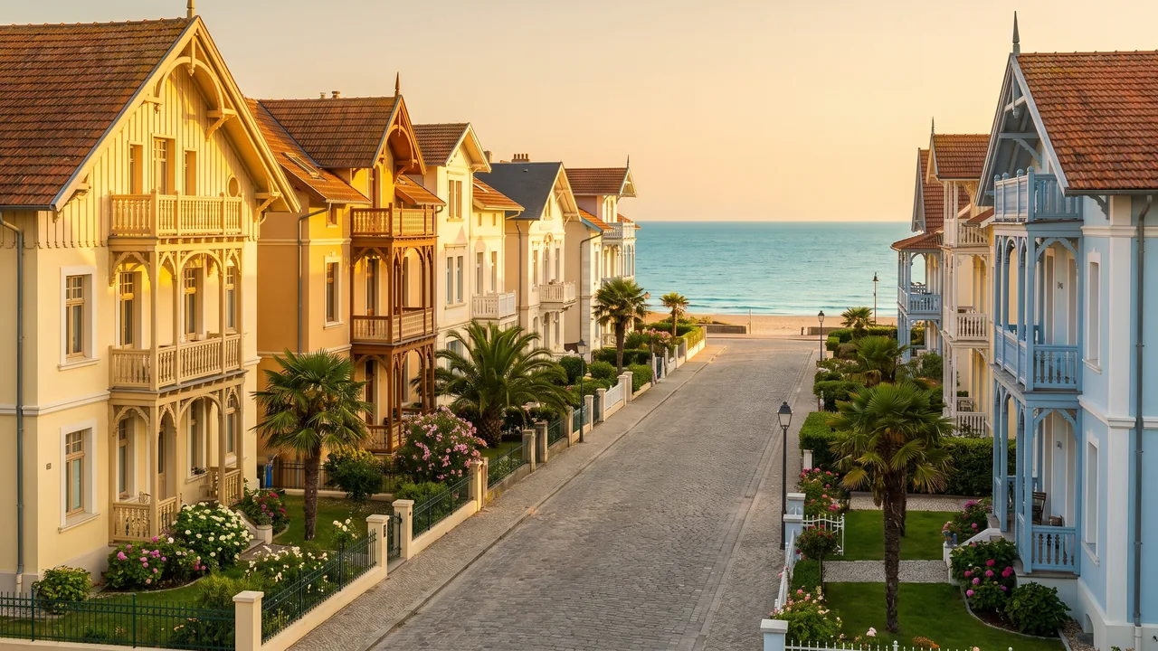 Rue déserte de villas balnéaires Belle Époque à Soulac-sur-Mer, façades pastel à balcons de bois et petits jardins