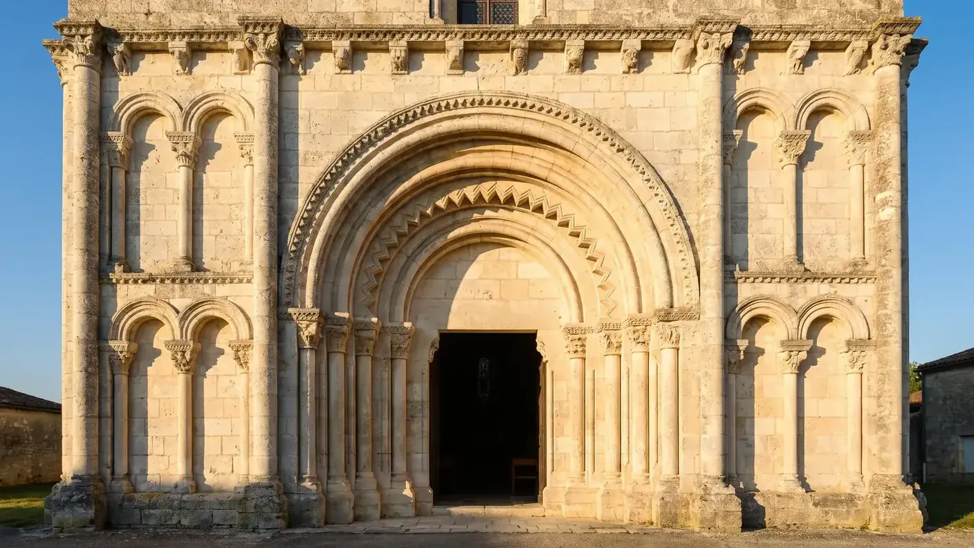 Portail roman à huit voussures de l'église de Saint-Privat-des-Prés