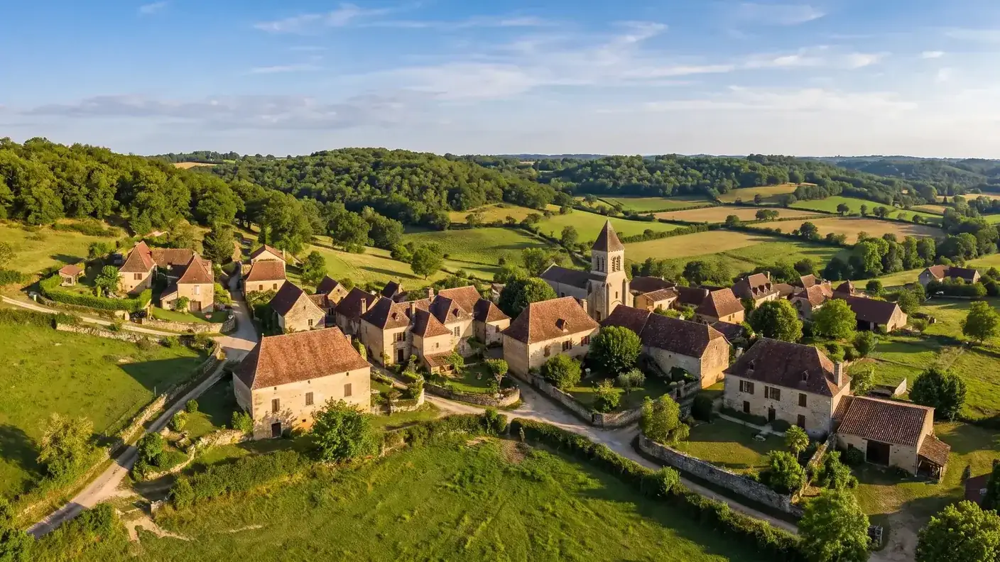 Maisons de pierre et clocher de Saint-Privat-des-Prés dans le Ribéracois