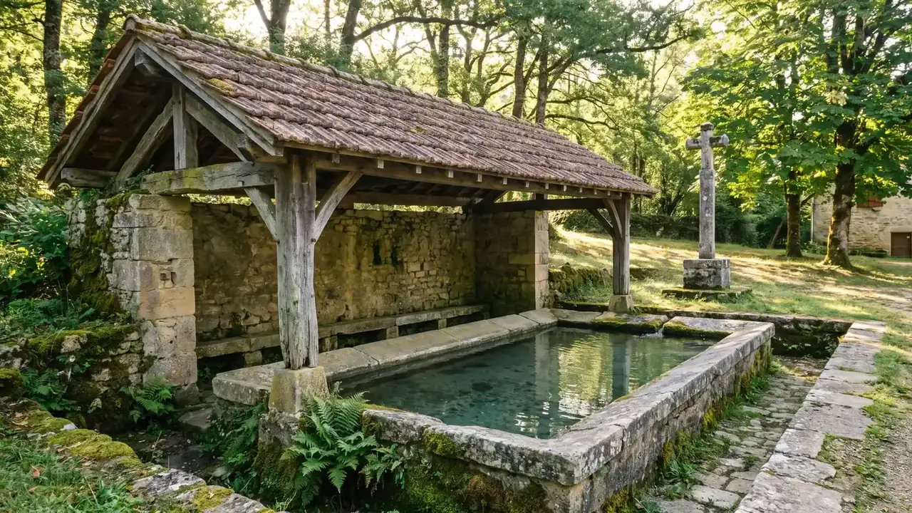 Lavoir de pierre et source à Saint-Privat-des-Prés