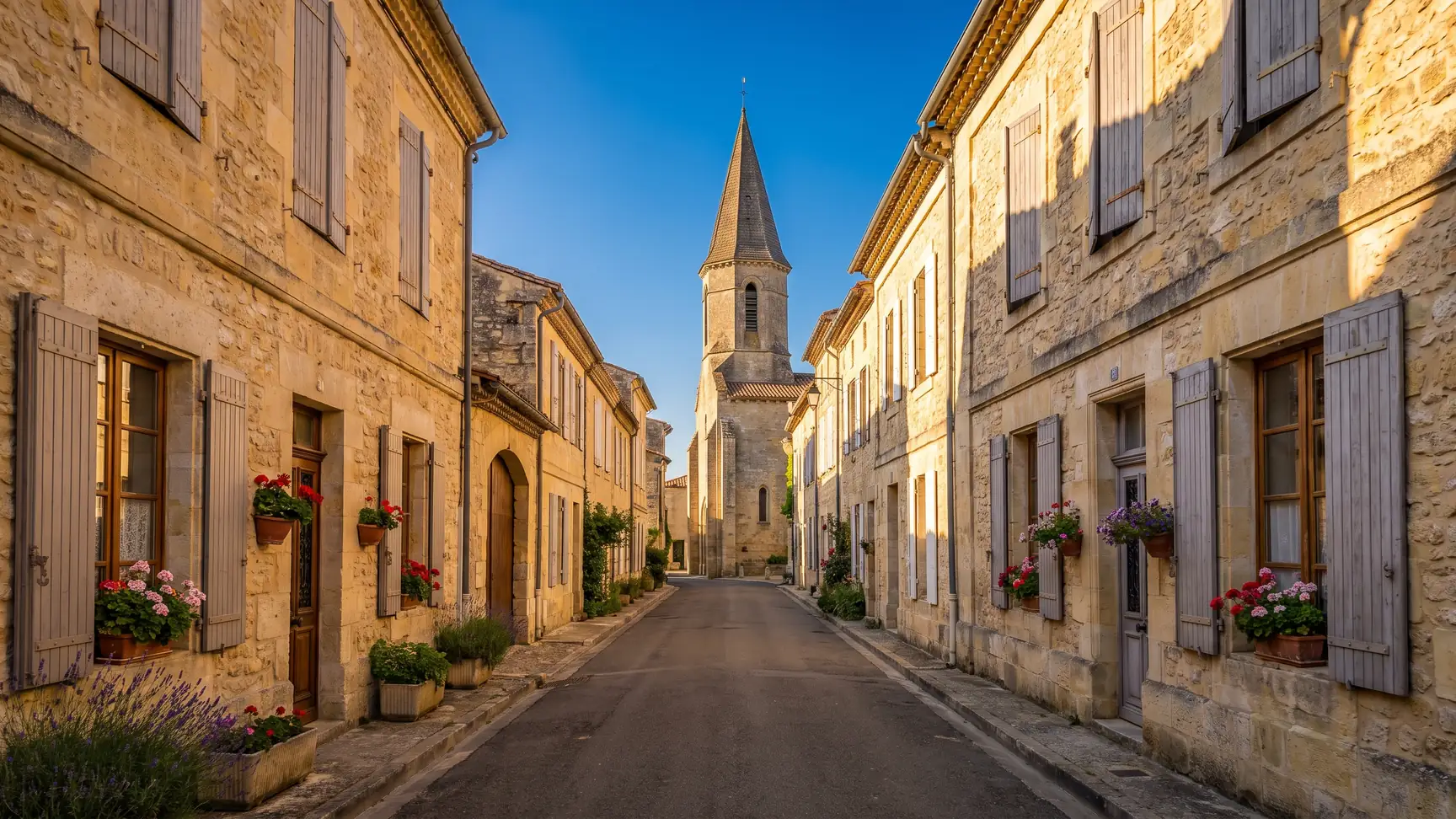 Une ruelle calme d'un village de pierre de l'Entre-deux-Mers, maisons aux toits de tuiles et clocher au bout