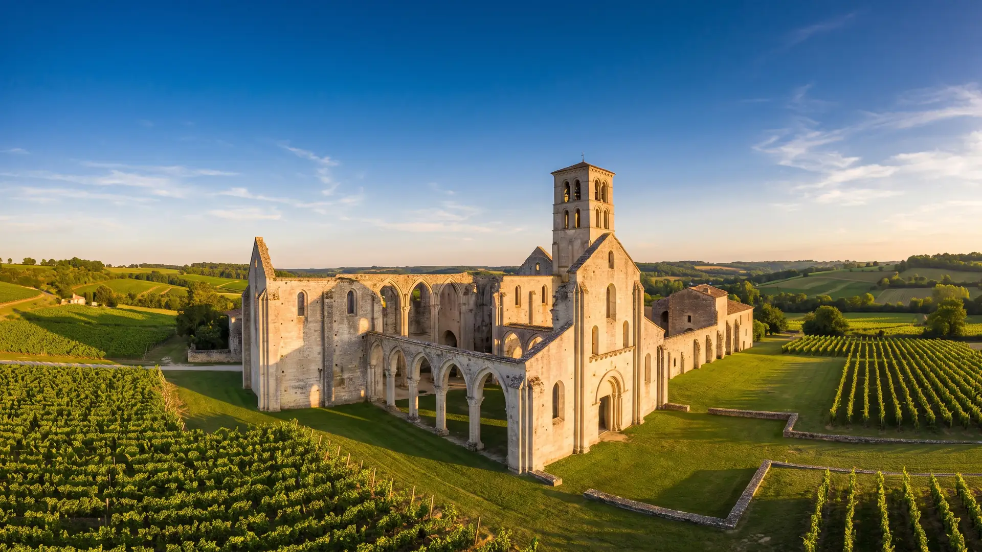 Les ruines d'une chapelle romane en pierre dorée parmi les vignes de l'Entre-deux-Mers, arcades sans toit