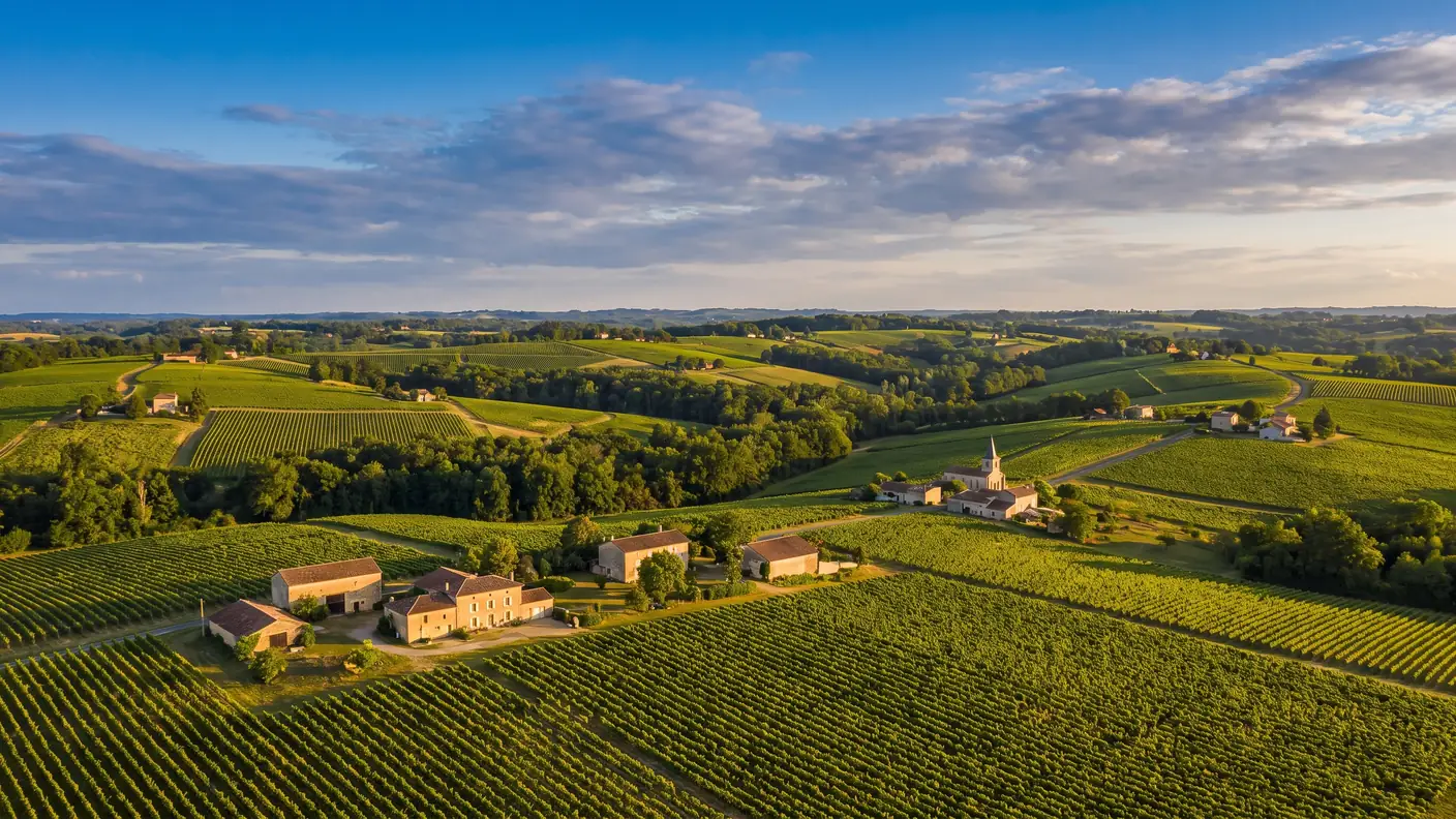 Un vaste panorama des coteaux de vignes de l'Entre-deux-Mers, hameaux de pierre et clochers, en Gironde