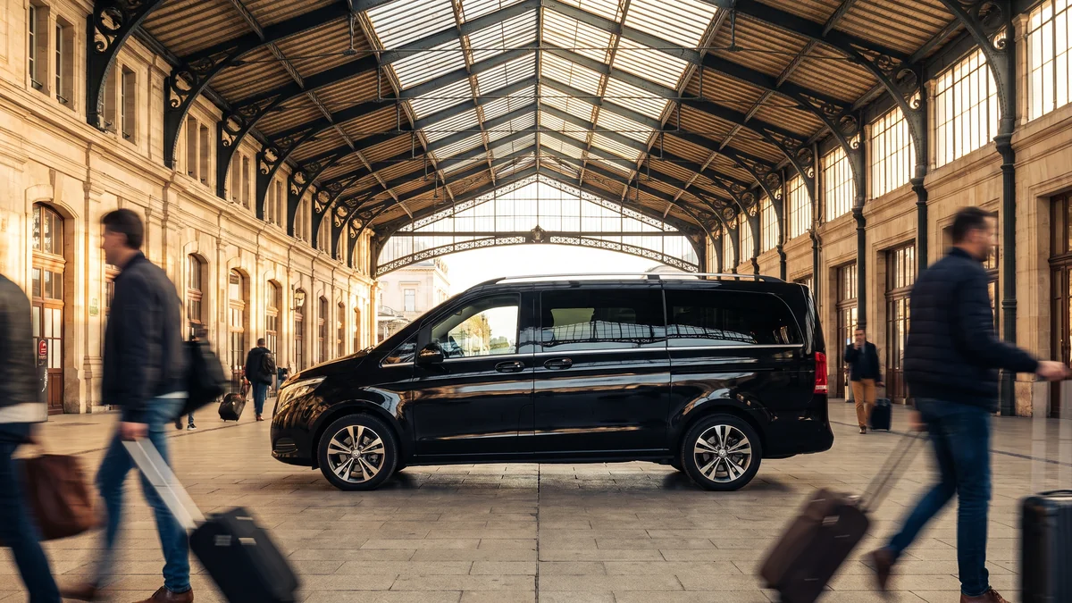 Van avec chauffeur devant le parvis de la gare Saint-Jean à Bordeaux