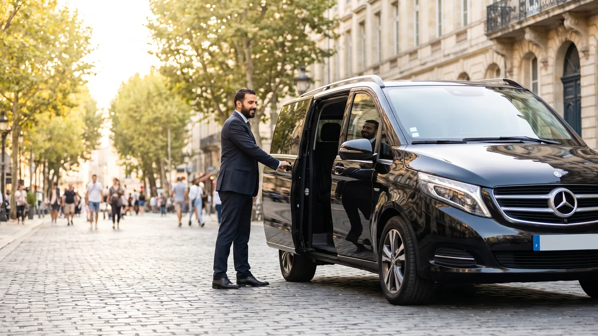 Chauffeur professionnel devant son van dans une rue de Bordeaux