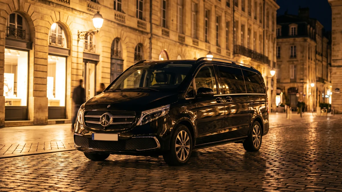 Van avec chauffeur de nuit dans une rue éclairée de Bordeaux
