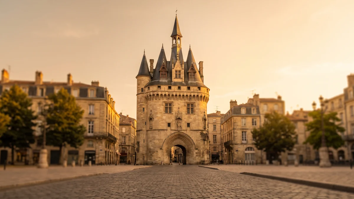 Van avec chauffeur devant la Porte Cailhau, monument du vieux Bordeaux