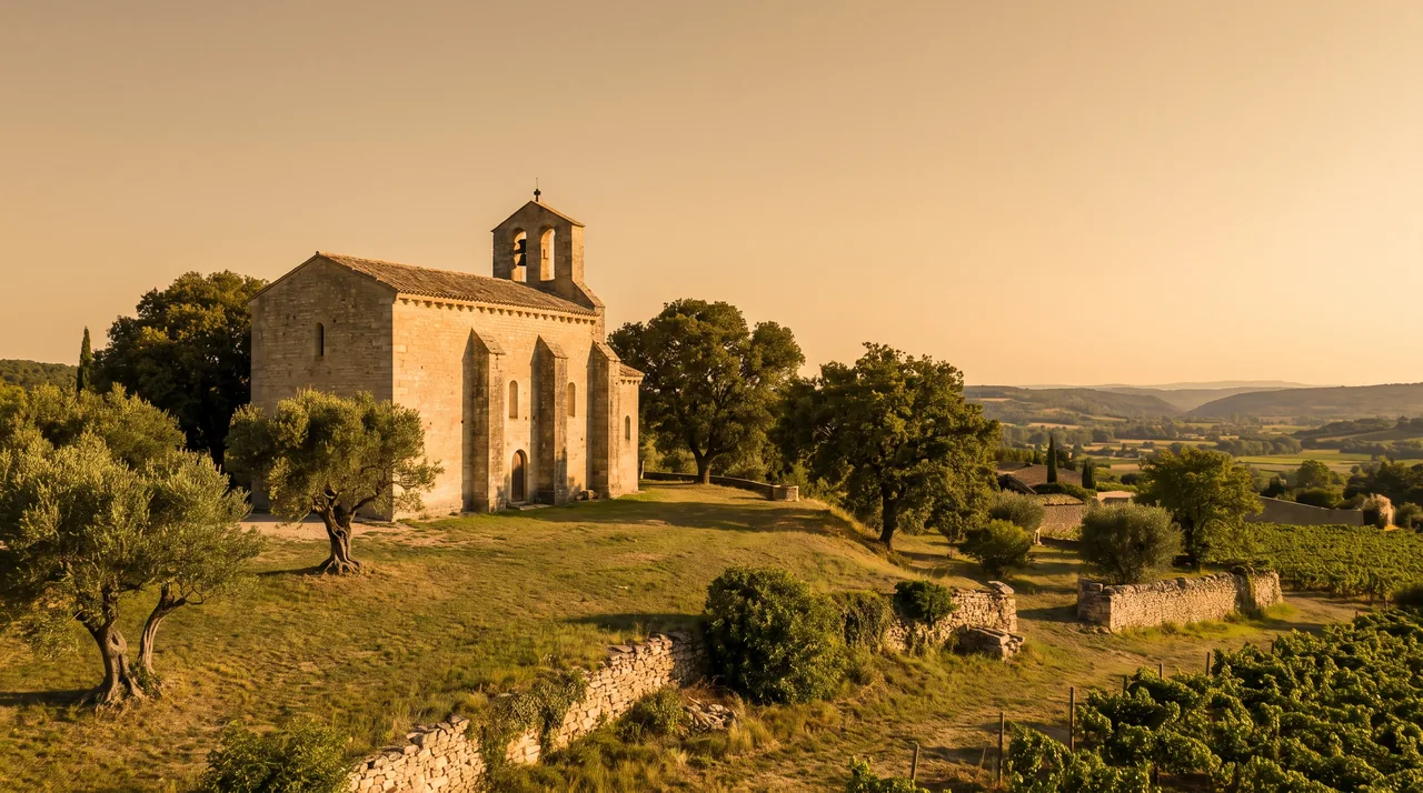 Église romane de village en pierre claire à chevet plat carré, contreforts et clocher à Tizac-de-Curton, lumière chaude