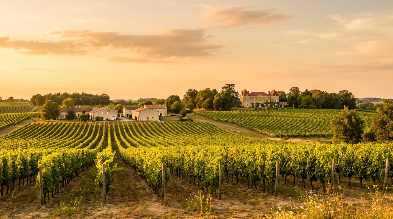 Rangs de vignes de l'Entre-deux-Mers sur des coteaux doux près de Tizac-de-Curton au soleil couchant, chartreuse au loin