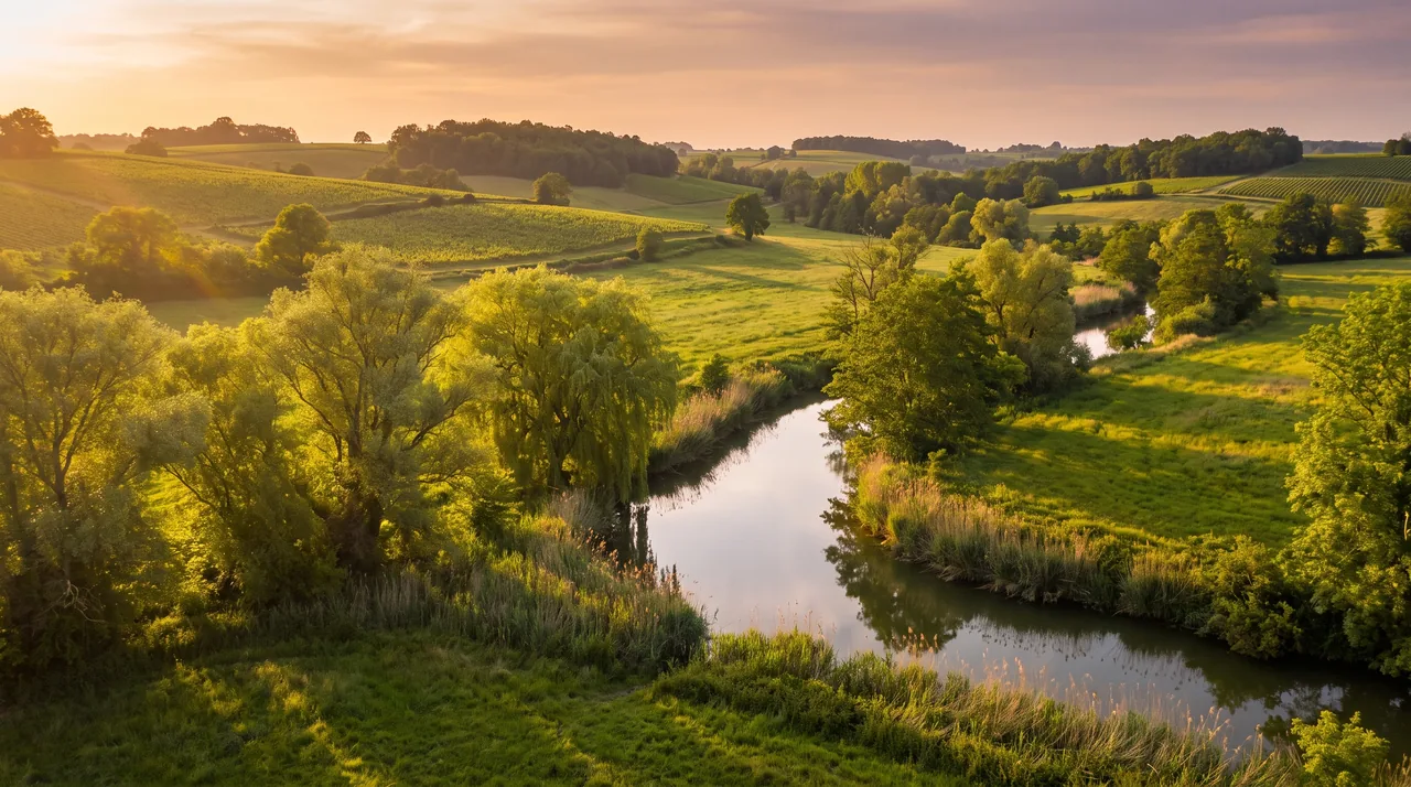 Petit ruisseau boisé serpentant dans un vallon vert de l'Entre-deux-Mers près de Tizac-de-Curton, eau miroitante et saules