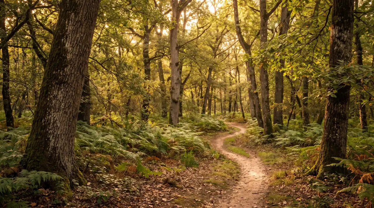 Bois de chênes et de châtaigniers près de Tizac-de-Curton dans une lumière chaude, tapis de fougères et sentier