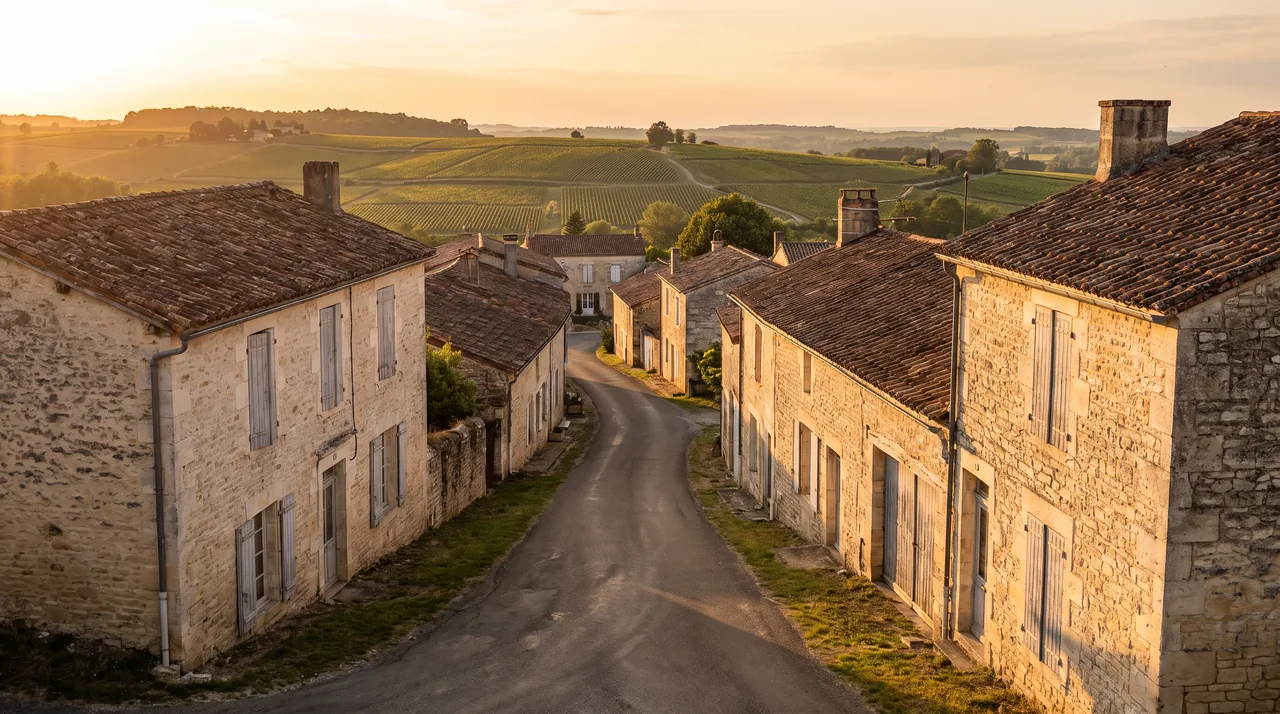 Ruelle tranquille d'un hameau de pierre près de Tizac-de-Curton, maisons claires à volets, sans voiture ni passant