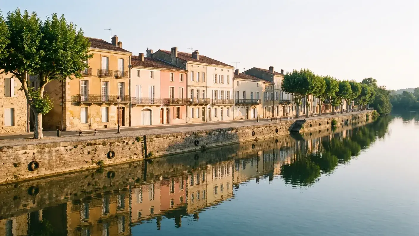 Les quais de Tonneins au bord de la Garonne, rangée de maisons anciennes à balcons dominant le fleuve, platanes