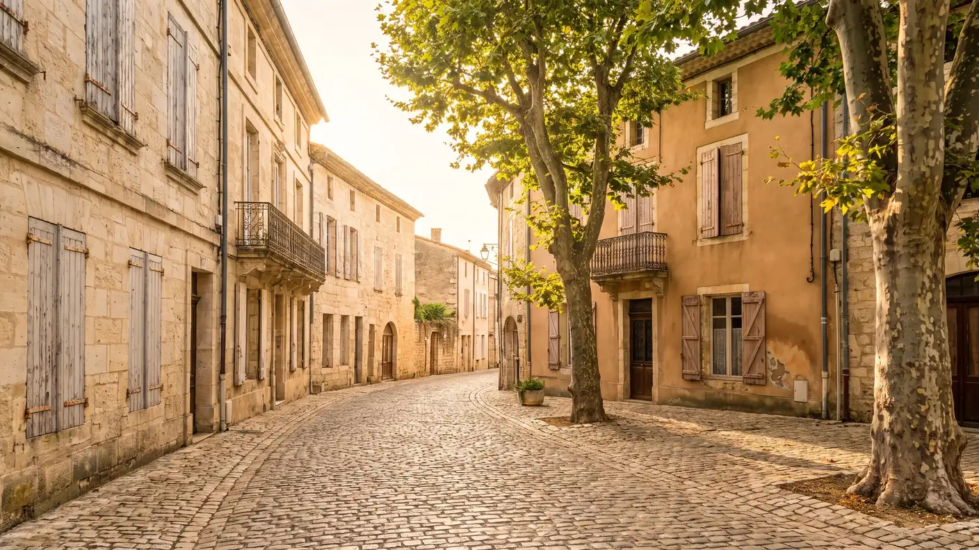 Une rue ancienne de Tonneins bordée de maisons de pierre et de brique à volets et balcons en fer forgé