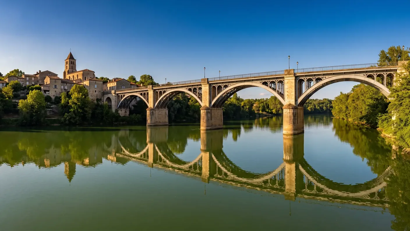 Un vieux pont de pierre et de métal enjambant la Garonne près de Tonneins, ville et clocher sur une rive, reflets dans l'eau