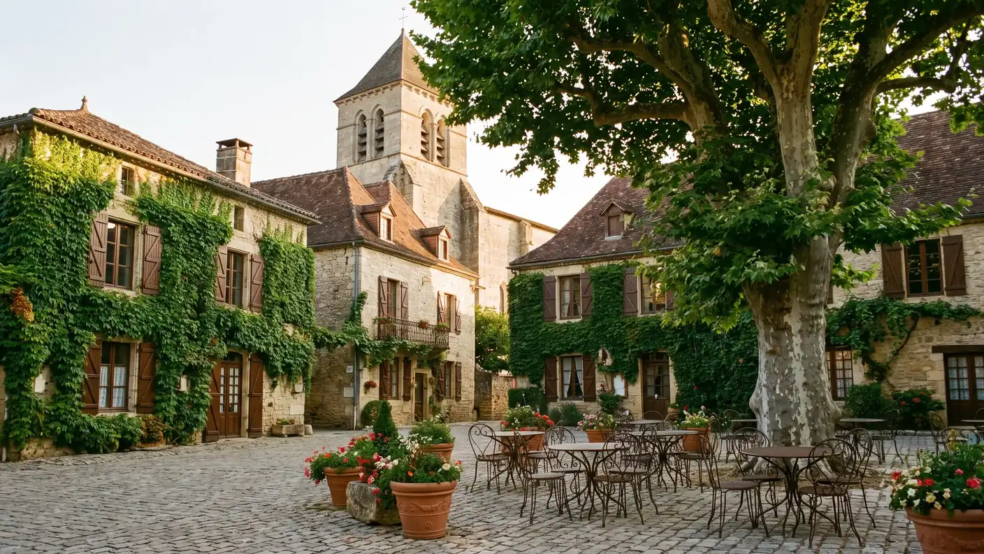 Place du village de Trémolat devant l'église Saint-Nicolas