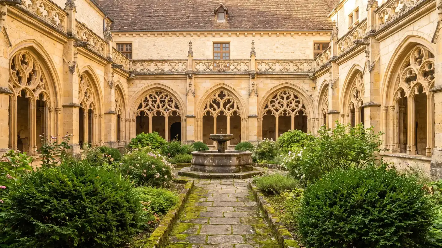 Cloître gothique flamboyant aux arcades finement sculptées autour d'un jardin, pierre dorée, abbaye de Cadouin