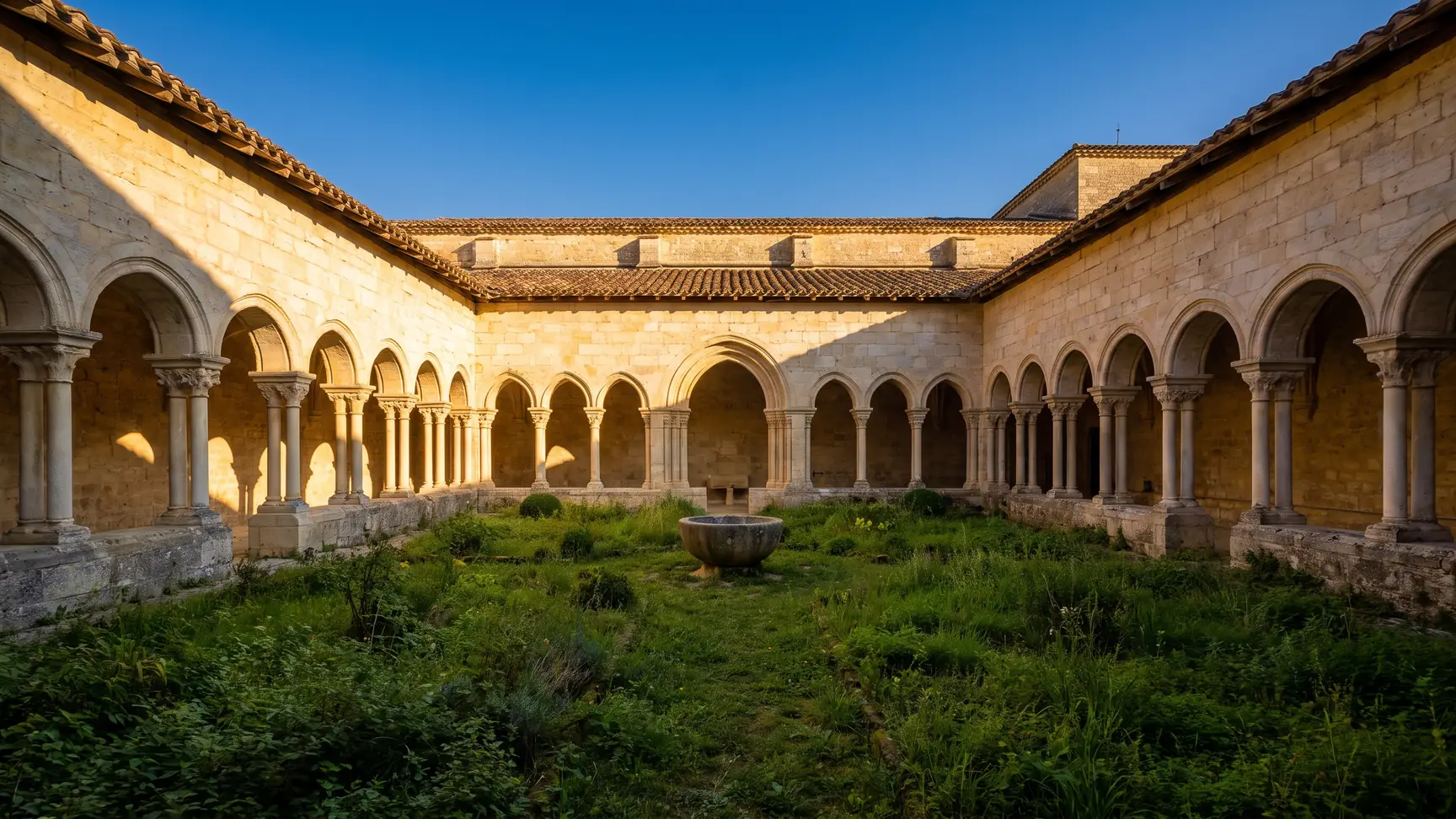 Cloître gothique de l'abbaye de Flaran et galerie en pierre