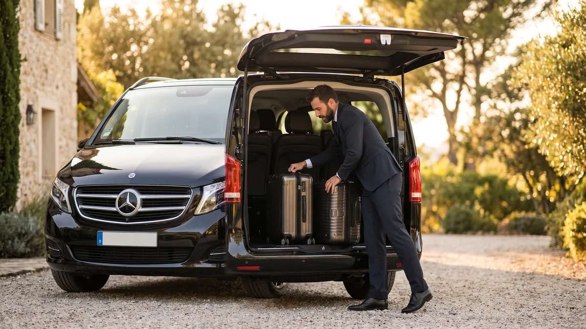 Un chauffeur charge les valises dans le coffre d'un van avant un long trajet