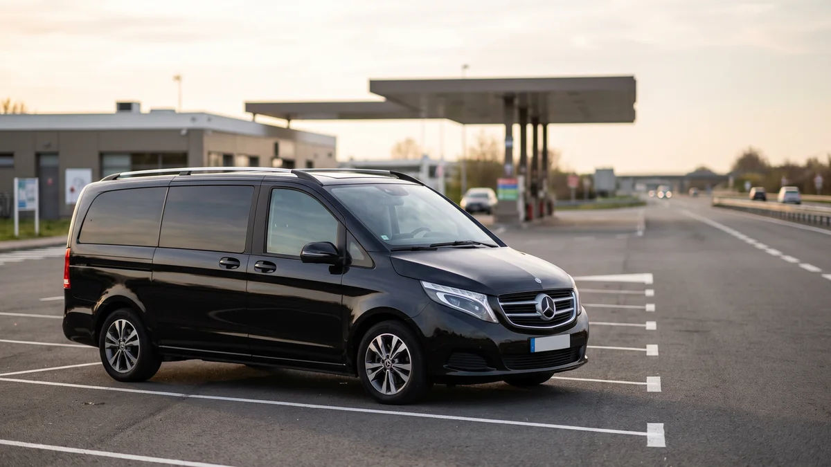 Un van avec chauffeur en pause sur une aire d'autoroute du Sud-Ouest
